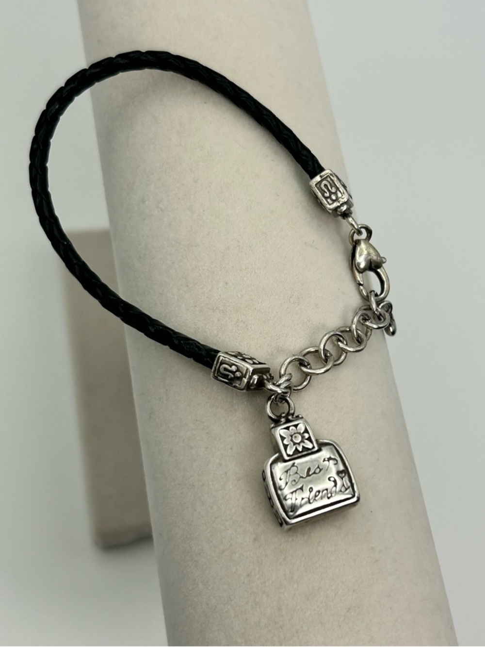 Brighton Best Friends Charm Bracelet Black Braided Leather Silver Plated 8.5"